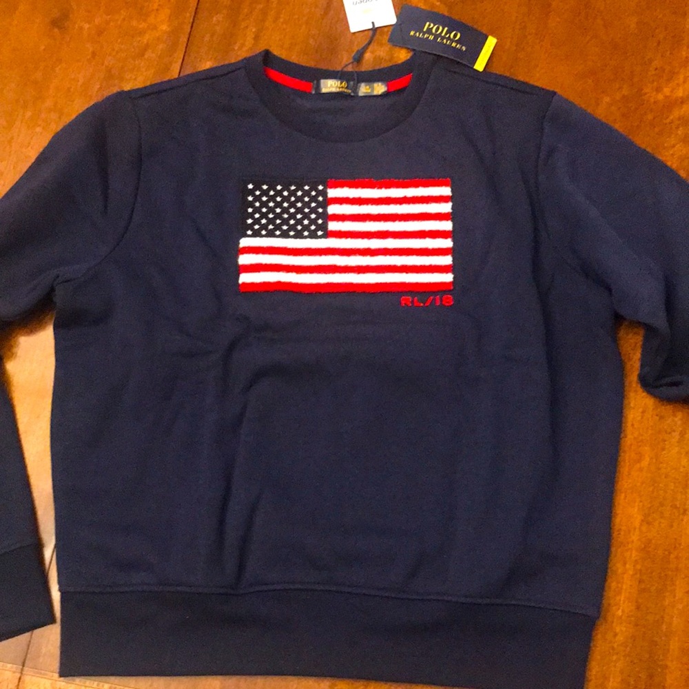 NWT- Polo Ralph Lauren navy sweatshirt with American Flag